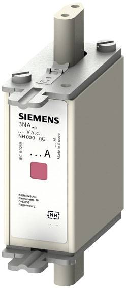 Ein NH-Sicherungseinsatz von Siemens mit der Bezeichnung 3NA, Spannungsangabe 500 V AC, und Strombereichen für industrielle Anwendungen.