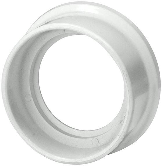 Weiße, zylindrische Kunststoffbuchse mit großem, zentralem Loch. Verwendet für Rohre oder mechanische Verbindungen.