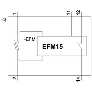 Schaltplan mit einem EFM15-Bauteil, das mit einer Batterie und anderen Elementen verbunden ist. Diagramm zeigt Verbindungen und Ports.