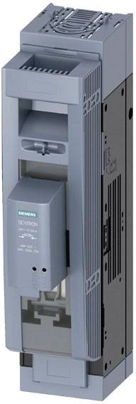 Grauer Siemens-Schutzschalter, vertikale Ansicht. Links grünes Siemens-Logo, rechteckige Gehäuseform.