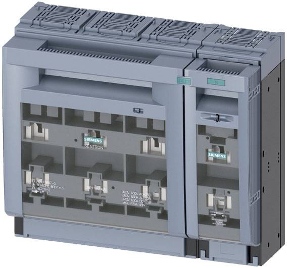 Elektrisches Schaltgerät von Siemens, zeigt ein graues Gehäuse mit mehreren Steckplätzen und Beschriftungen, geeignet für industrielle Anwendungen.