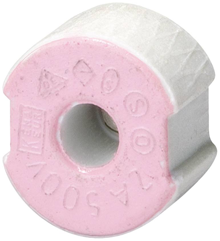 Eine runde, rosa-weiße Keramikkomponente mit einem zentralen Loch; auf der Oberfläche sind Prägungen und Symbole zu sehen.
