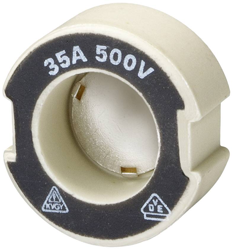 Keramiksicherungshalter mit Aufschrift '35A 500V', geeignet zur Absicherung elektrischer Anlagen, zeigt VDE-Zeichen für Sicherheit.
