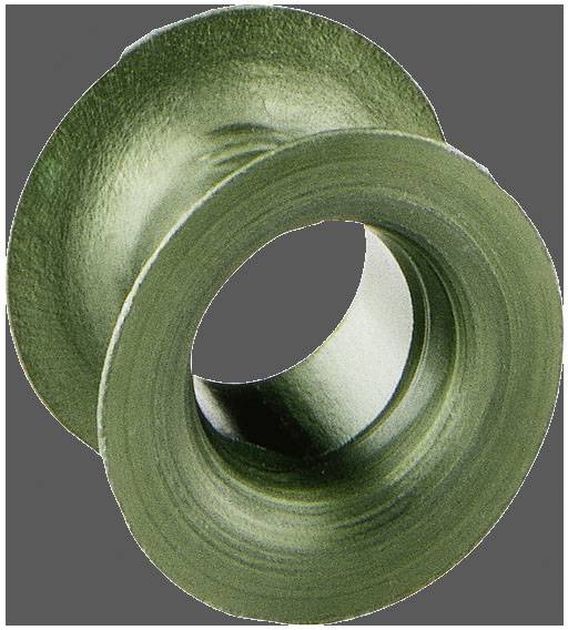 Eine dunkelgrüne, spiralförmige Skulptur vor grauem Hintergrund. Die Form wirkt dynamisch und geschwungen.