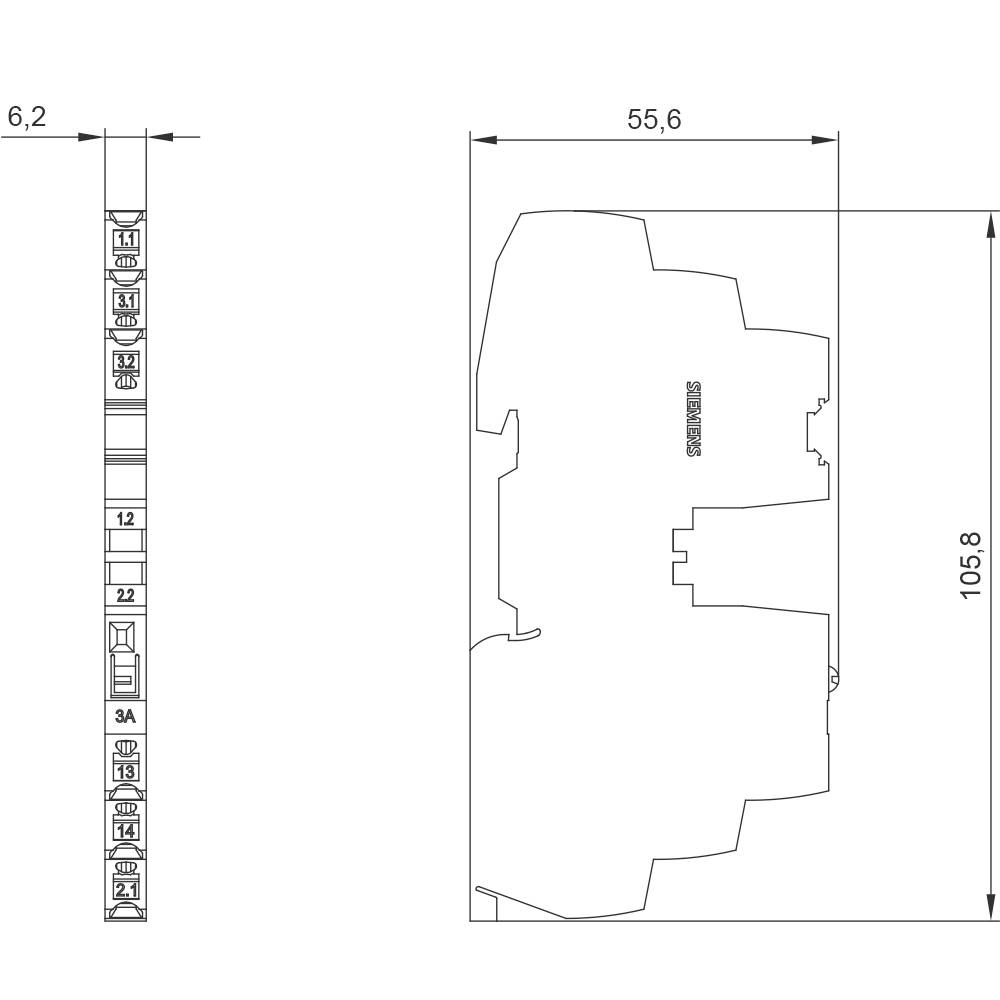 Technische Zeichnung einer elektrischen Schaltung; Maße 6,2 x 105,8 mm. Zeigt Details von Sicherungen und Schaltkreisen.