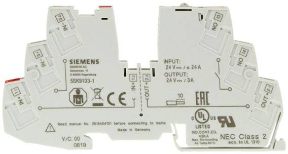 Klemmenblock mit Aufschriften: 'Siemens', 'INPUT: 24V', 'OUTPUT: 24V', geeignet für elektrische Verbindungen.