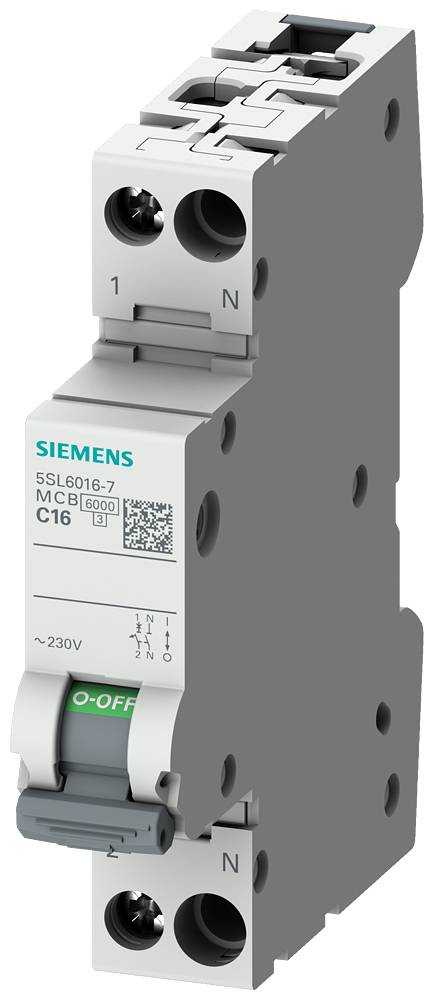 Abgebildet ist ein grauer Leistungsschalter der Marke Siemens, Modell MCB 600V C16, geeignet für 230V. Schalter in 'OFF'-Position.