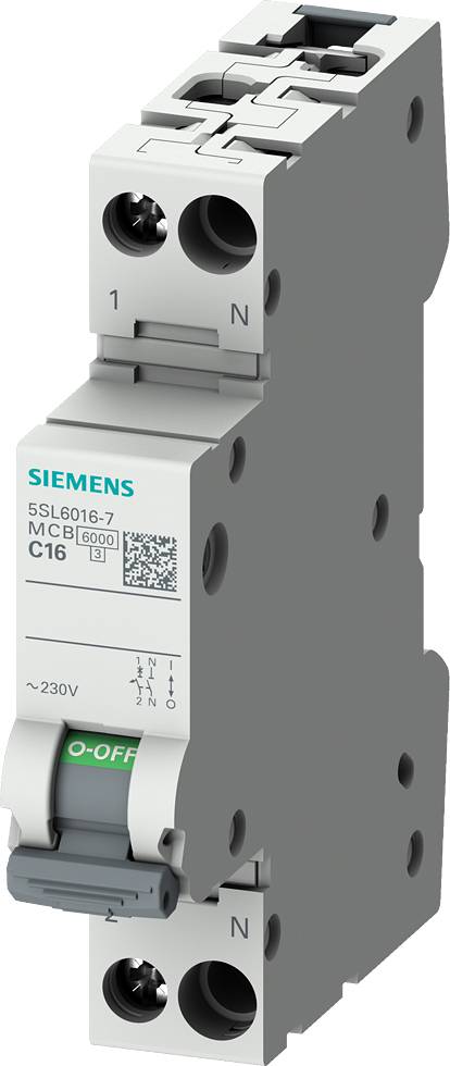 Leitungsschutzschalter von Siemens, Typ 5SL6016-7, 230V, C16, für den Schutz von elektrischen Stromkreisen vor Überlast und Kurzschluss.