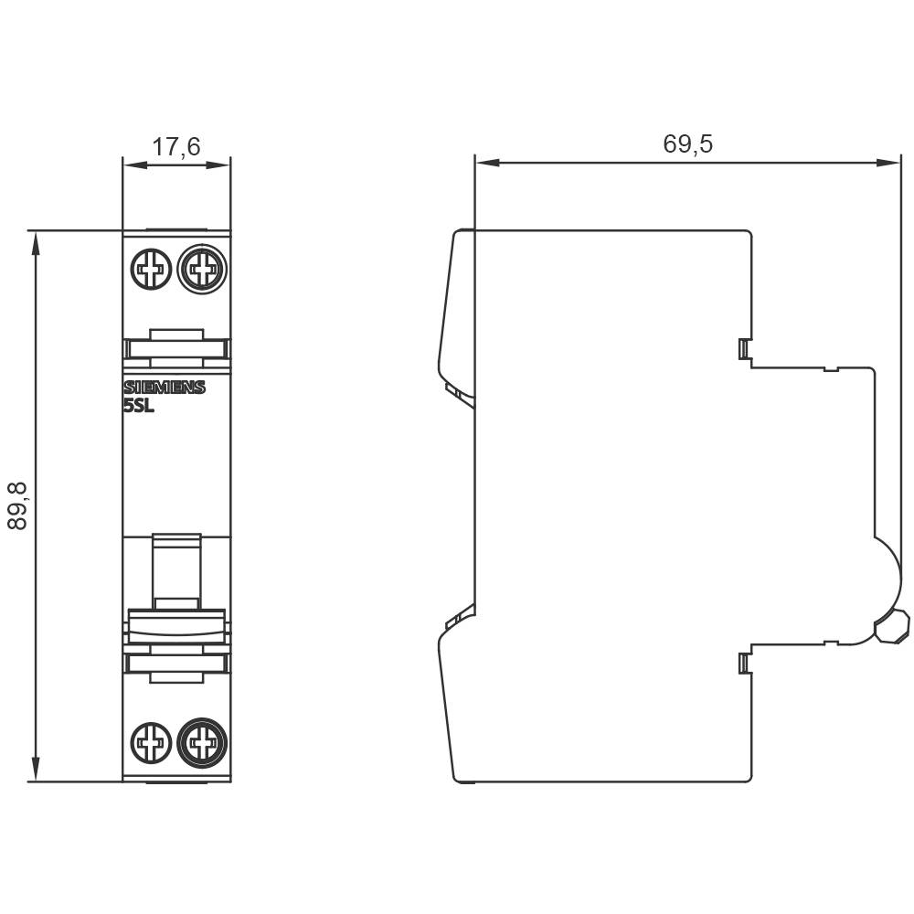 Schaltplan eines elektrischen Bauteils mit seitlichen Abmessungen: 17,6 mm Breite, 69,5 mm Tiefe und 89,8 mm Höhe.