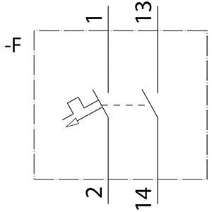 Technische Zeichnung eines Rechtecks mit einer offenen Box in der Mitte, Beschriftungen '1', '2', '13', '14', '-F'.