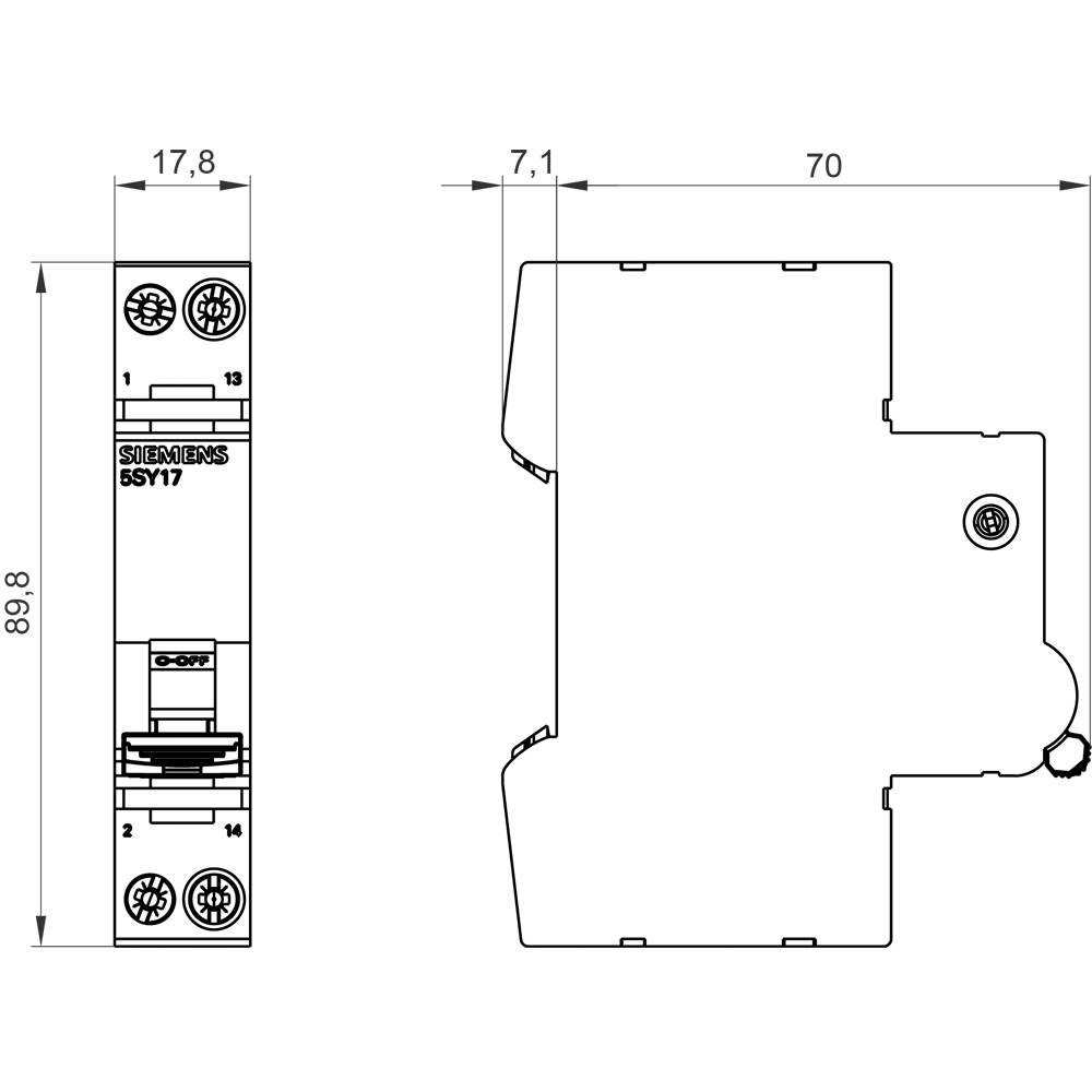 Diagramm eines Siemens-Relais, zeigt Vorder- und Seitenansicht mit Abmessungen. Vorderseite hat Anschlüsse. Seitenansicht zeigt Tiefe.