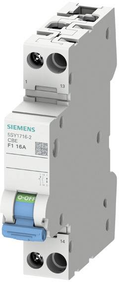 Siemens Leitungsschutzschalter, Modell CBE F1 16A, graues Gehäuse, grüner und blauer Schalter für An/Aus-Funktion.