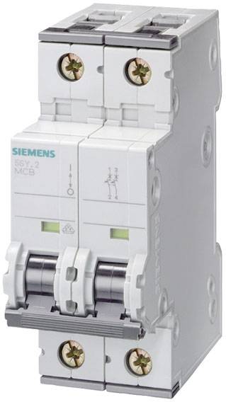 Ein zweipoliger Leistungsschutzschalter von Siemens, typisch für den Schutz von elektrischen Stromkreisen vor Überlastung und Kurzschluss.