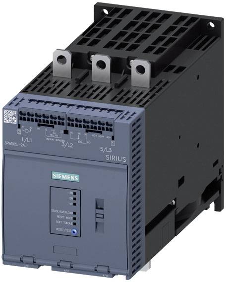 Industrie-Schaltgerät von Siemens, Modell SIRIUS, mit drei Anschlussklemmen oben, zeigt blaue Vorderseite mit Schalterstellung.