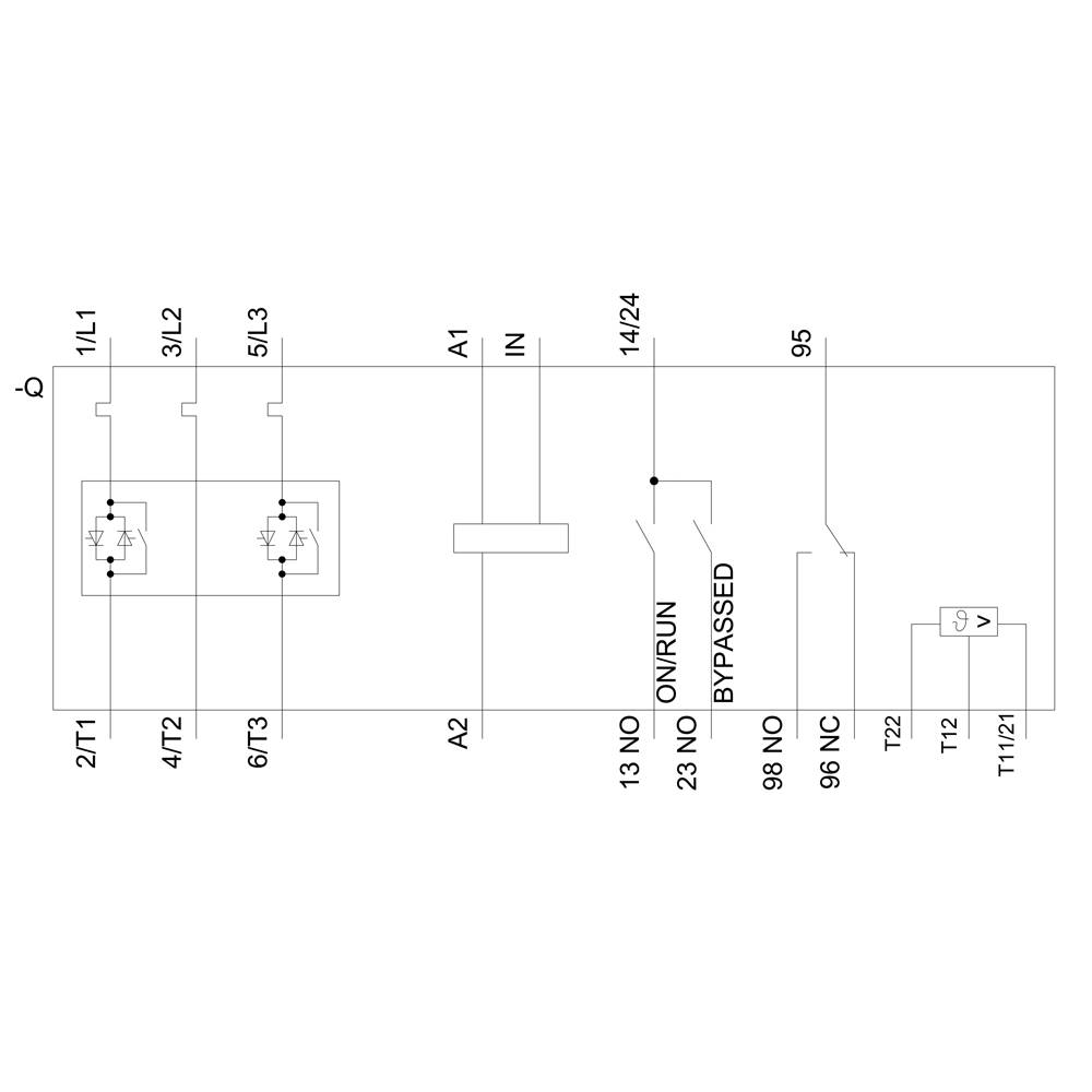 Schaltplan eines elektromechanischen Geräts mit Schütze, Transformatoren und Schaltern. Beschriftungen umfassen 'ON/RUN', 'BYPASSED'.