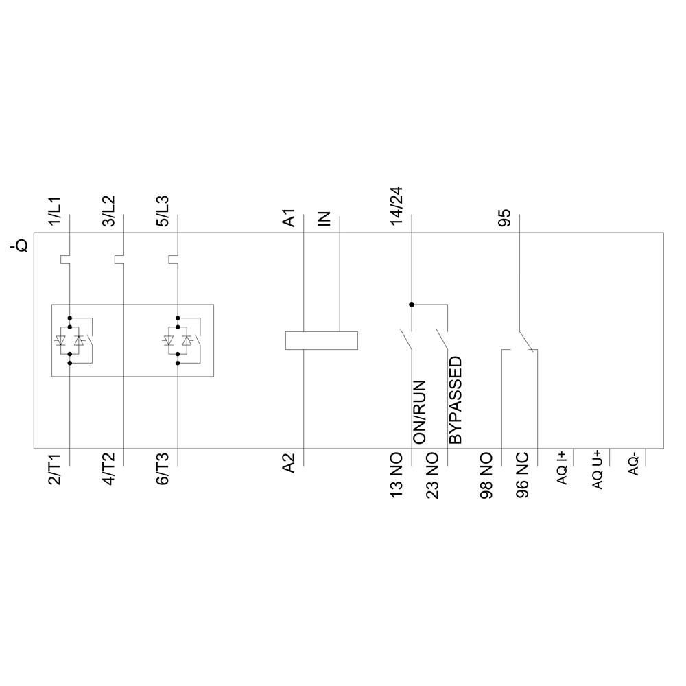 Schaltschema einer elektrischen Schaltung mit nummerierten Klemmen: 1L1, 3L2, 5L3, A1, A2; Anschlüsse: IN, 13 NO, 23 Bypassed.