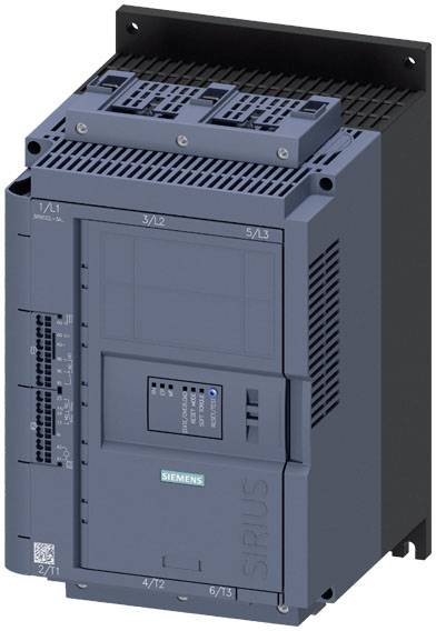 Ein Siemens-Schaltgerät in Dunkelgrau, an einer Montageplatte befestigt, mit mehreren Anschlüssen und einem grünen Siemens-Logo.