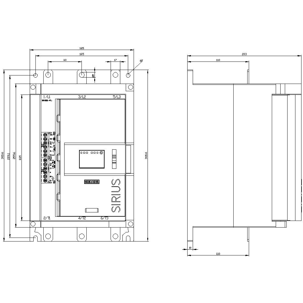 Ein technisches Diagramm zeigt die Front- und Seitenansicht eines elektrischen Geräts mit Abmessungen und Beschriftungen.