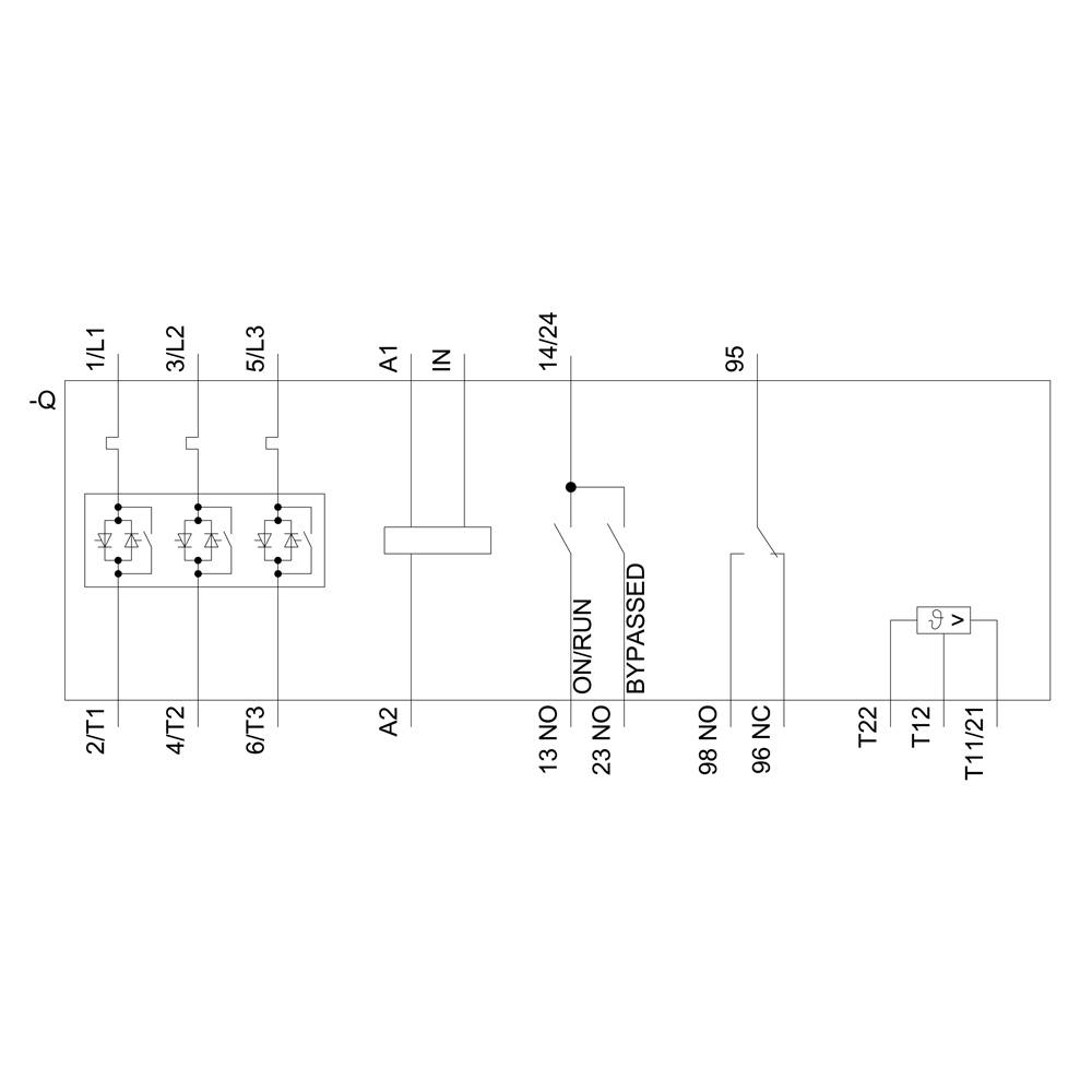 Schaltplan eines elektrischen Stromkreises mit Anschlüssen 1/L1, 3/L2, 5/L3. Zeigt Relais und Schalterpositionen wie 'ON/RUN'.
