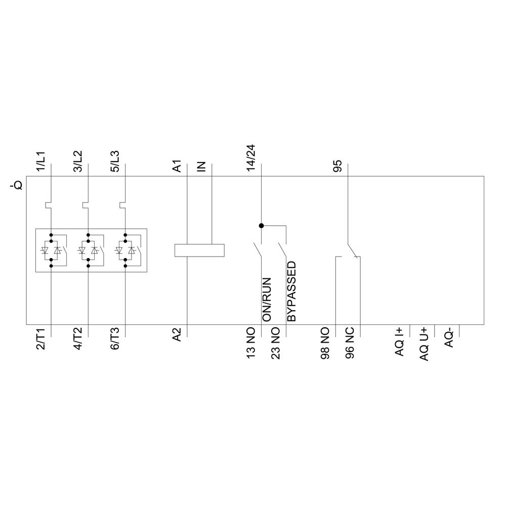 Schaltplan eines elektrischen Steuerungssystems mit bestimmtem Anschlusspunkt IN. Zeigt Verbindungen und spezifische Kontaktelemente, wie 2T1, 4T2, 6T3, 3L1, 5L3, 95, 98 NC, AQ+, AQ U+, AQ- und AQ- U-.