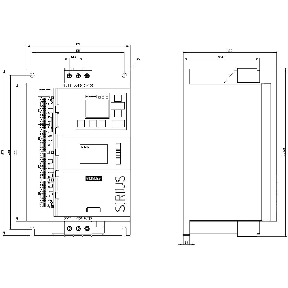 Technische Zeichnung eines SIRIUS Steuergeräts mit Abmessungen und Anschlüssen von vorne und seitlich dargestellt.