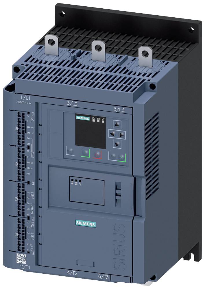 Ein blauer Siemens Schaltgerät mit Display und Bedienelementen. Oben sind drei Anschlüsse sichtbar. Modelltyp 'SIRIUS'.