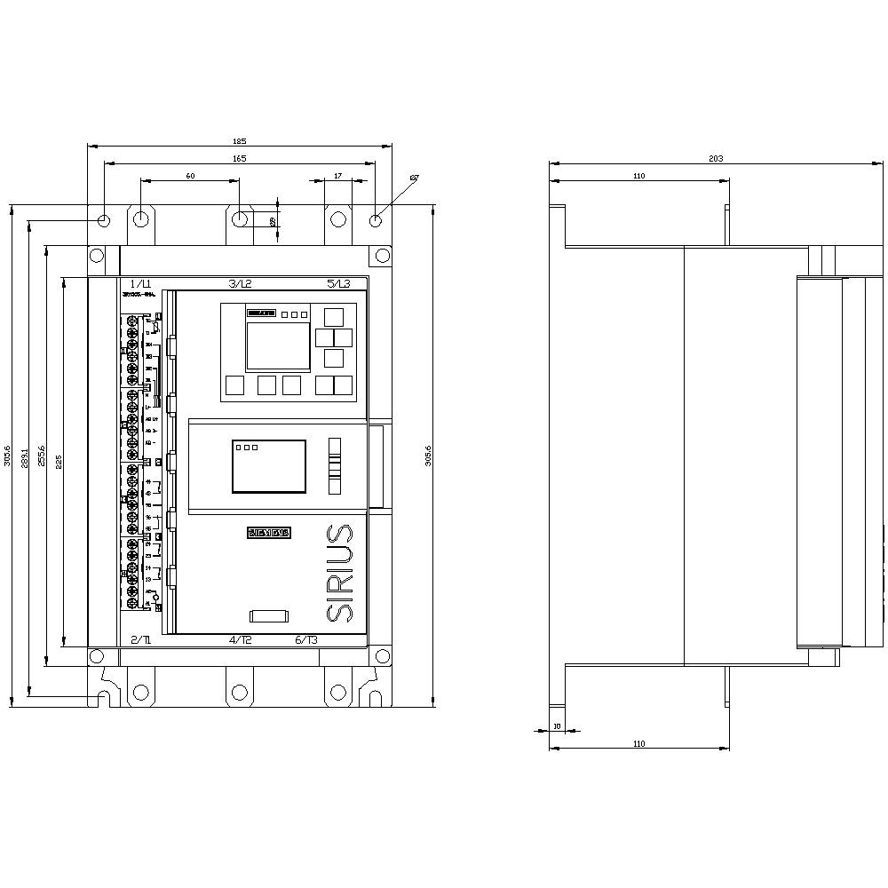 Mechanische Zeichnung eines SIRIUS-Motorschutzschalters mit detaillierten Abmessungen und Komponentenansicht. Enge Linienführung.