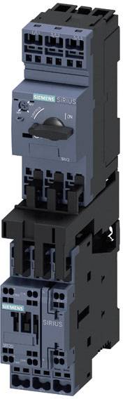 Ein blauer Siemens SIRIUS Schalter, geeignet für industrielle Steuerungsanwendungen, zeigt die Positionen 'Off' und 'On'.