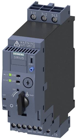 'Siemens Sirius'-Schutzrelais mit Schaltern und Anschlüssen, verwendet zur Überwachung und Steuerung elektrischer Geräte.