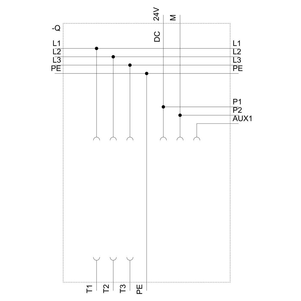 Schaltschema zeigt Anschlusslayout mit Klemmen L1, L2, L3 und PE. DC- und 24V-Leitungen verbunden mit P1, P2, AUX1 und T1, T2, T3.