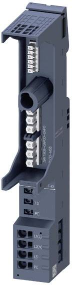 Ein Gerät zur Montage auf einer Normschiene, dunkelblau, zeigt Klemmen und Verbindungen. Es ist für elektrische Installationen vorgesehen.