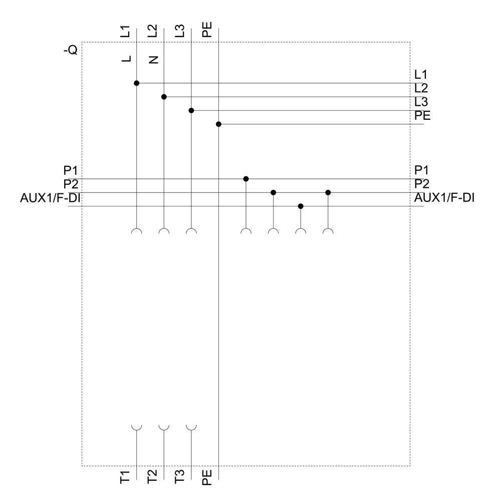 'Schaltplan mit Linien und Beschriftungen: L1, L2, L3, N, PE, P1, P2, AUX1/F-DI.' Hauptleitungen werden zu Schaltpunkten bzw. Verbindungen.