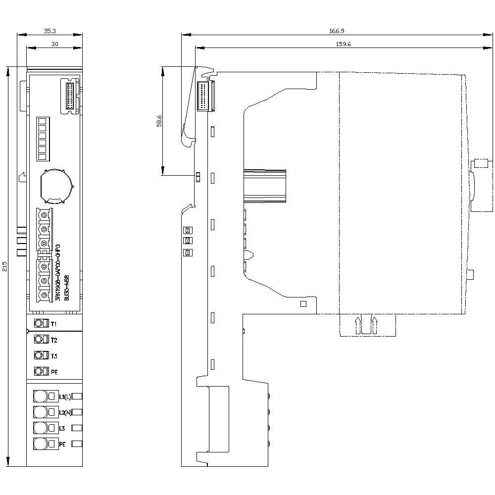 Technische Zeichnung eines elektronischen Geräts mit detaillierten Maßen. Vorder- und Seitenansicht zeigt Anschlüsse und Tasten.