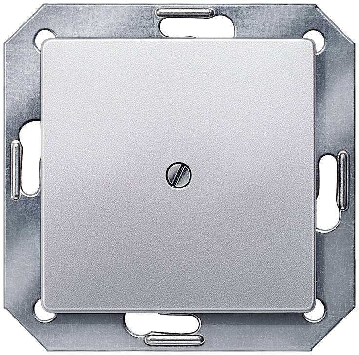 Lichtschalter aus Metall mit quadratischem Design und Schraubbefestigung in der Mitte, umrahmt von einer Metallhalterung.