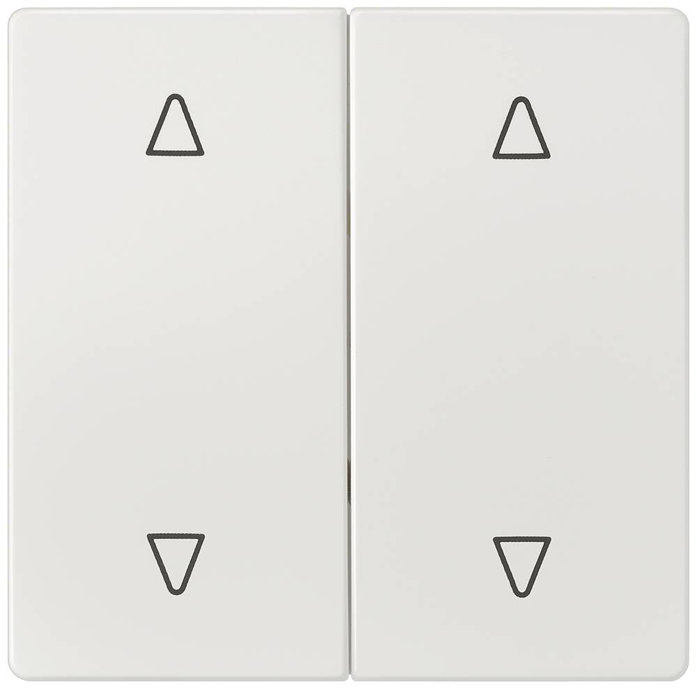 Zwei weiße Wippschalter mit schwarzen Dreiecken, die nach oben und unten zeigen, zur Steuerung von Jalousien oder Rollläden.