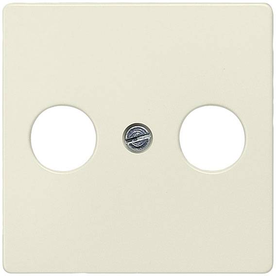 Beige Abdeckrahmen für Doppelsteckdose mit zwei runden Öffnungen und zentraler Schraube.