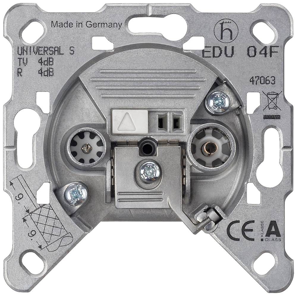Steckdosenanschluss für TV und Radio, mit zwei Koaxialanschlüssen und Schraubverbindungen, kennzeichnet 'Made in Germany', 'UNIVERSAL S', 'EDU 04F'.