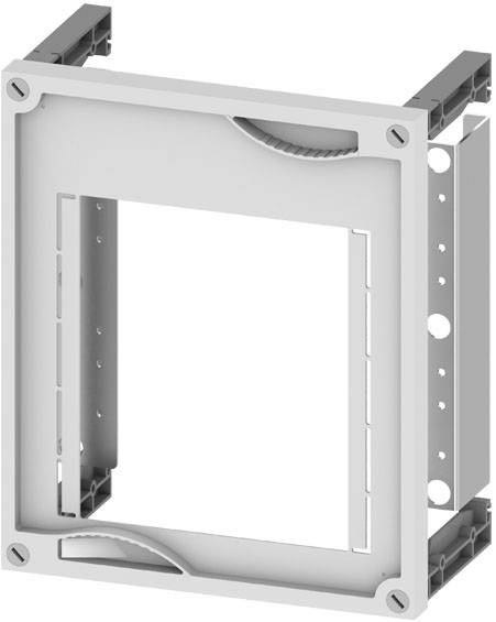 Graues Montagerahmen aus Metall und Kunststoff, rechteckige Form, offen in der Mitte. Geeignet für die Aufnahme von Geräten oder Modulen.
