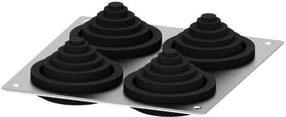 Vier schwarze, konische Dämpfungselemente auf einer Metallplatte. Dienen zur Vibrationsisolierung.