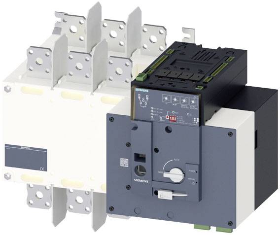 Ein elektrischer Leistungsschalter von Siemens, Frontansicht. Der Schalter zeigt Einstellungen und Anzeigen für Betriebsstatus.