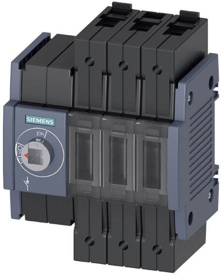 Ein schwarzer Siemens-Leistungsschalter mit Schalterposition 'ON', montiert auf einer grauen Halterung. Hauptsächlich für elektrische Steuerungen.