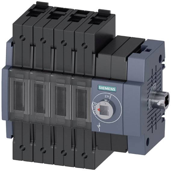 Ein grauer, vierpoliger Schalter von Siemens mit Drehknopf für Position 'I/ON' und 'O/OFF'. Bedienungselement kippbar.