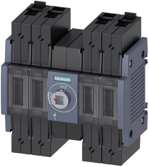 Ein schwarzer Siemens-Schalter mit grauen Akzenten, geeignet für industrielle Anwendungen. Drehknopf in der Mitte zeigt 'I' für 'ON'.