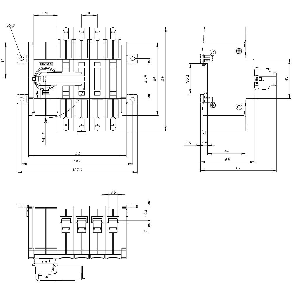 Diese technische Zeichnung zeigt die Front- und Seitenansicht eines modularen elektrischen Schalters mit detaillierten Maßangaben.