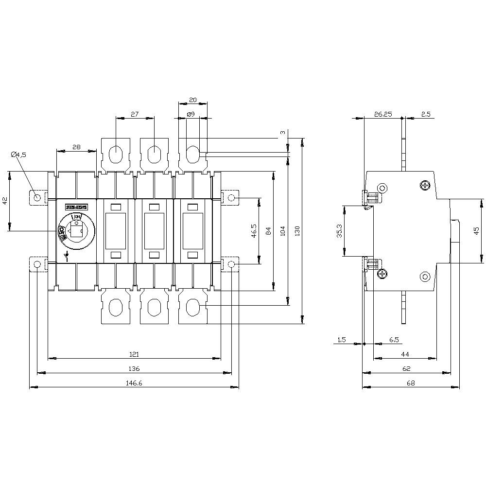 Technische Zeichnung eines elektrischen Schalters mit Abmessungen und Etiketten. Vorder- und Seitenansicht sind mit detaillierten Maßen angegeben.