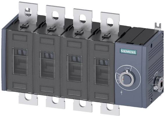 Siemens 3NP1 Lasttrennschalter, vierpolig, schwarzes Gehäuse, silberne Anschlussklemmen, Drehschalter an der Seite.