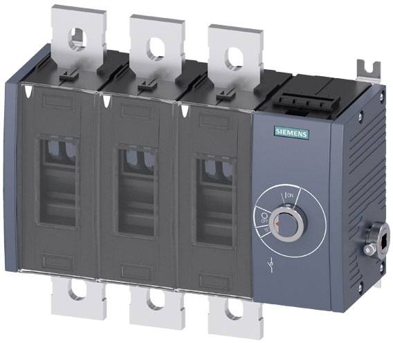 Elektrischer Schalter von Siemens mit drei Schaltpositionen und einem Drehknopf rechts, geeignet für industrielle Anwendungen.