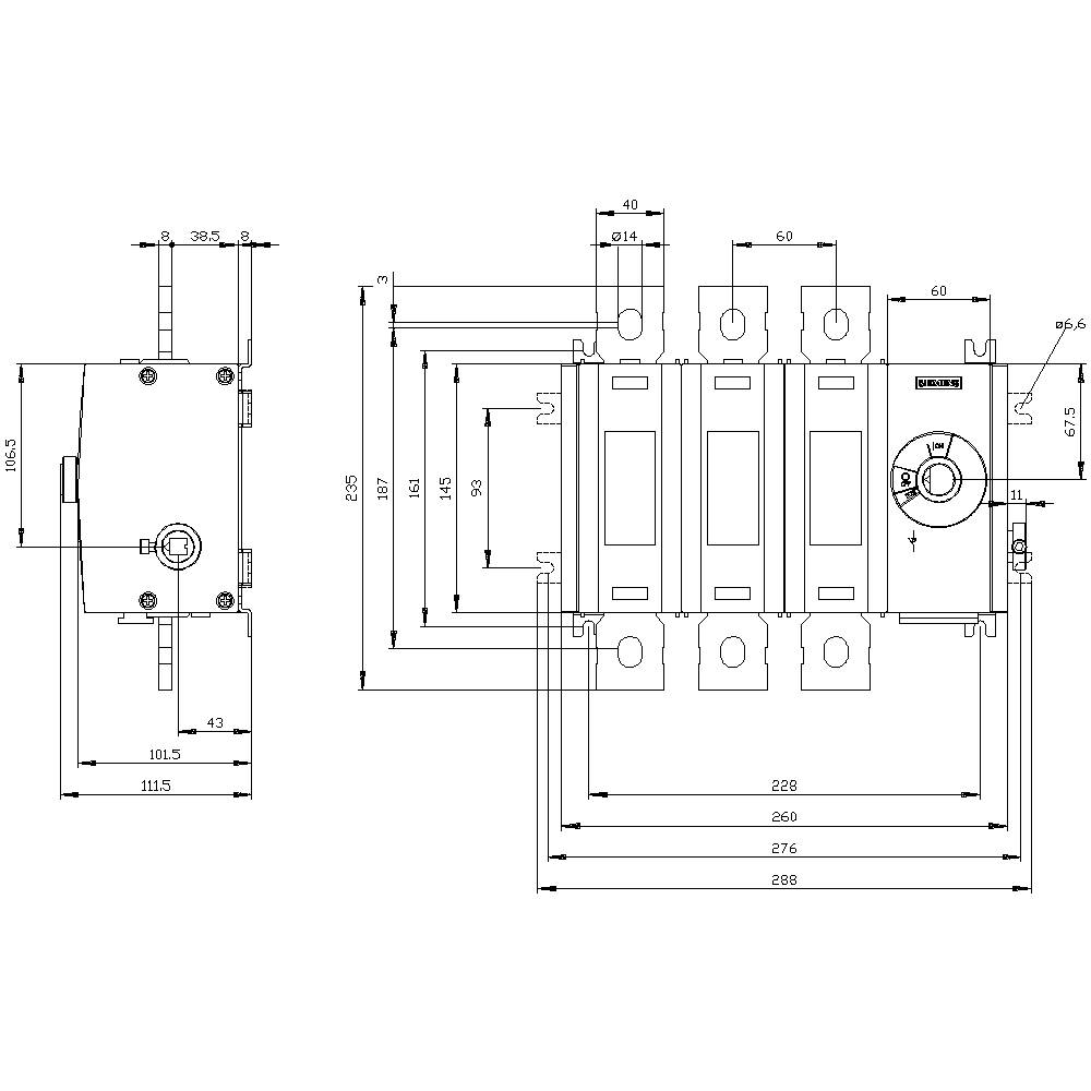 Technische Zeichnung eines elektrischen Schalters, zeigt Maße und Montagedetails, Seiten- und Vorderansicht mit Skalenangaben.