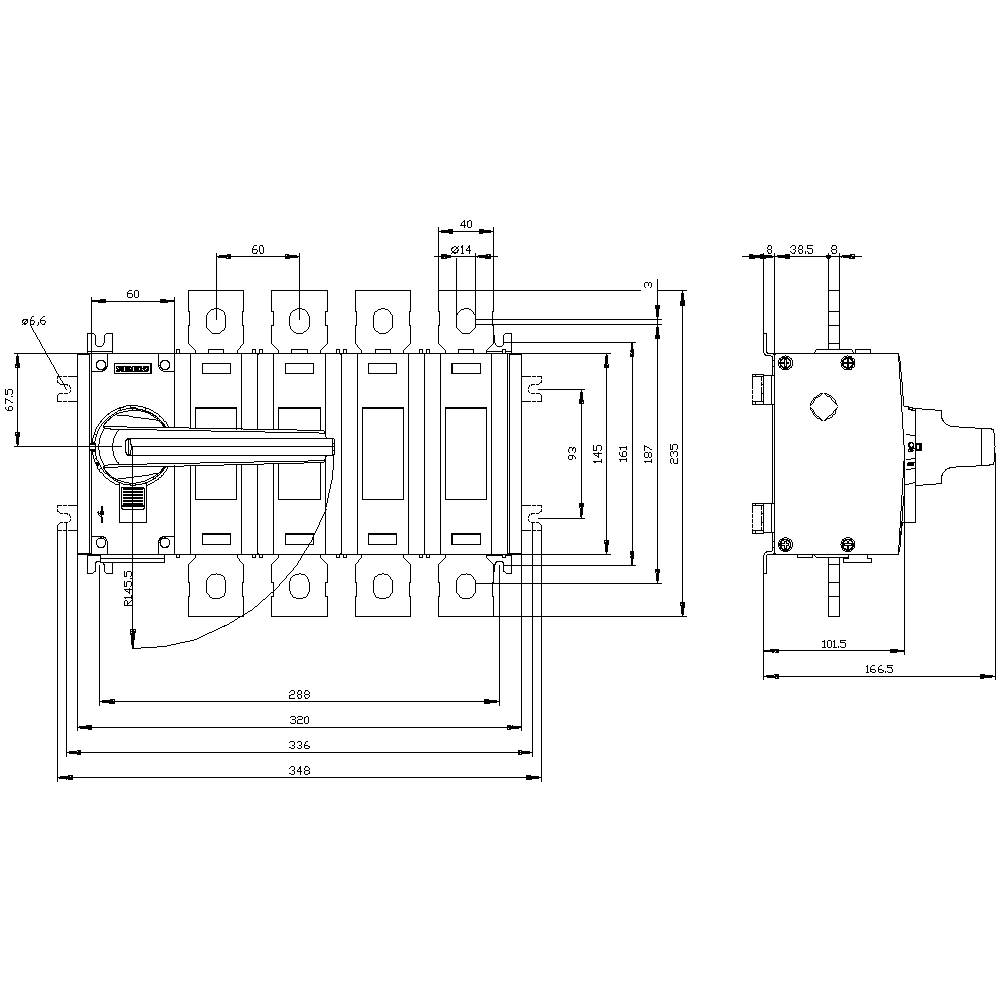 Technische Zeichnung eines Schalters mit detaillierten Abmessungen in Millimetern, einschließlich Breite, Höhe und Tiefe.
