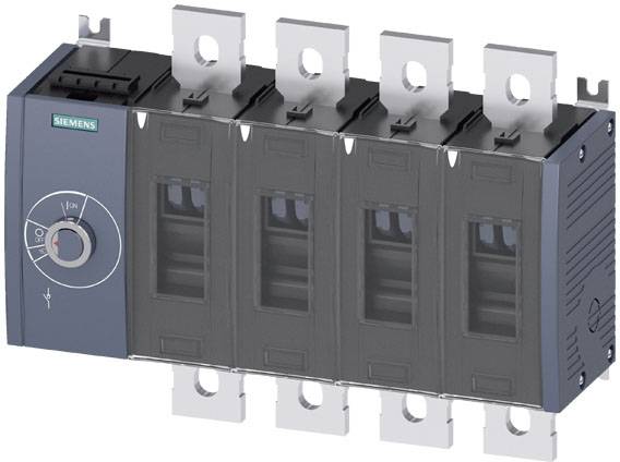 Ein elektrischer Leistungsschalter von Siemens mit blauem Gehäuse und vier Schaltkammern, jeweils mit Anschlussklemmen ausgestattet.